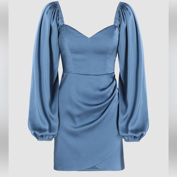 Cider Dresses & Skirts - Cider Large Blue Satin Long Sleeve Side Ruched Mini Dress